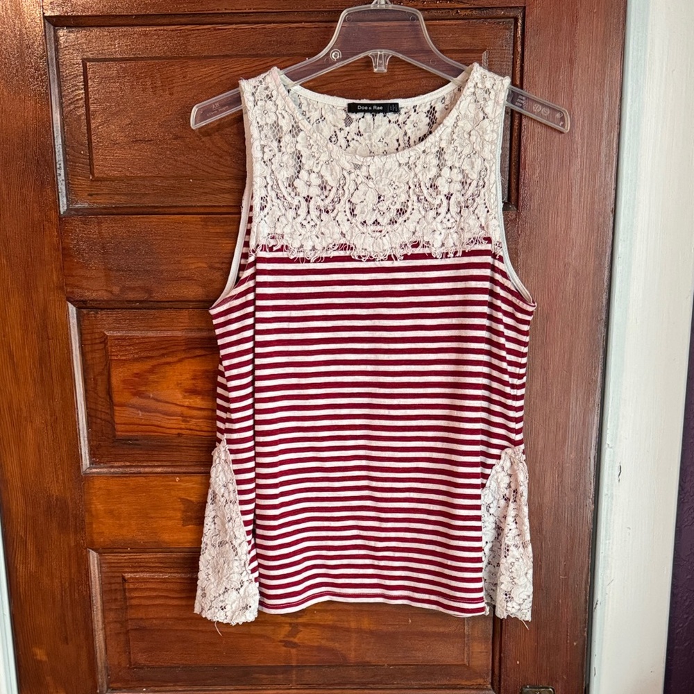 Doe & Rae Red and White Striped Lace Tank Top